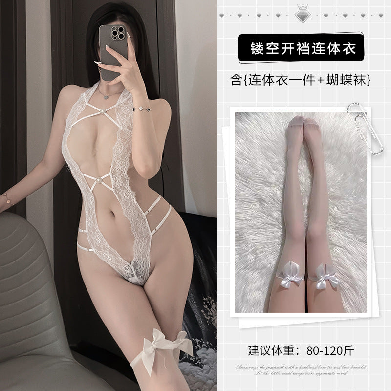 Image of Guifei sexy lingerie sexy lace one-piece pajamas crotch free of hot temptation provocative see-through nightdress set